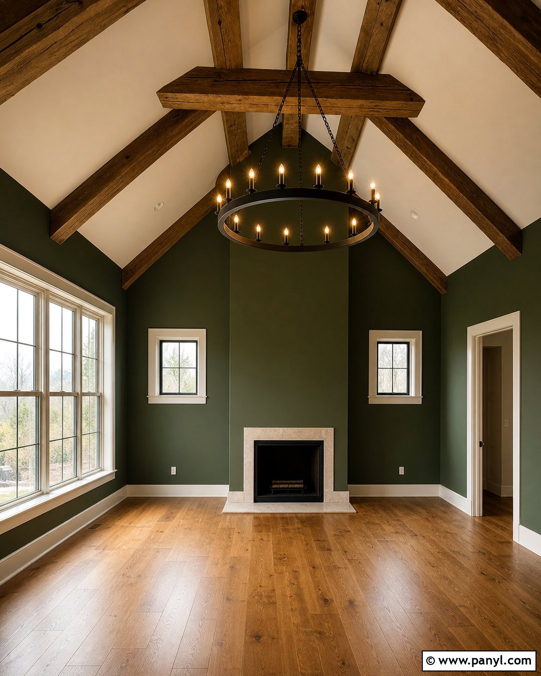 Hunter Green Walls With Wood Ceiling Beams - 20 Empty Room With Green Walls