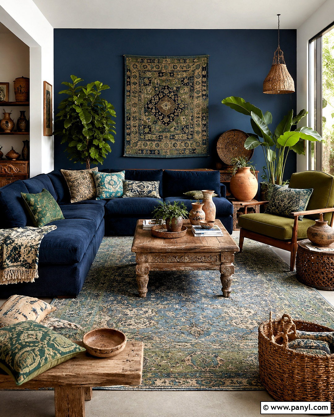 Indigo Blue And Olive Green Boho Living Room - 20 blue and green living room color scheme ideas