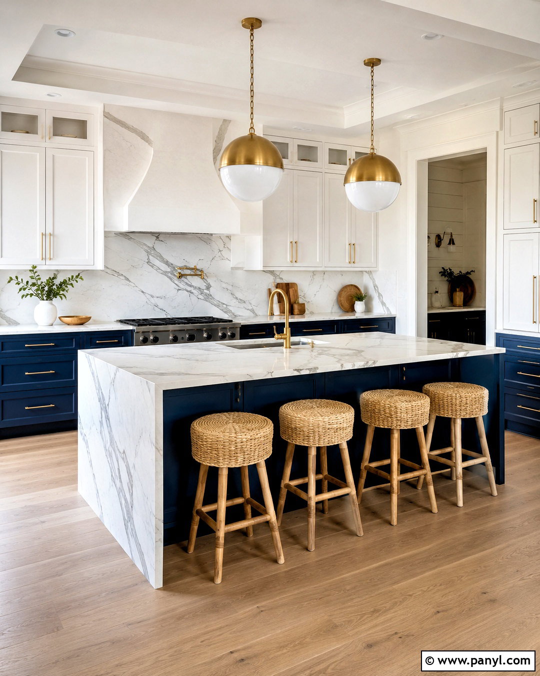 Indigo Blue Lower Cabinets With Marble Backsplash - 20 blue lower cabinets white upper ideas