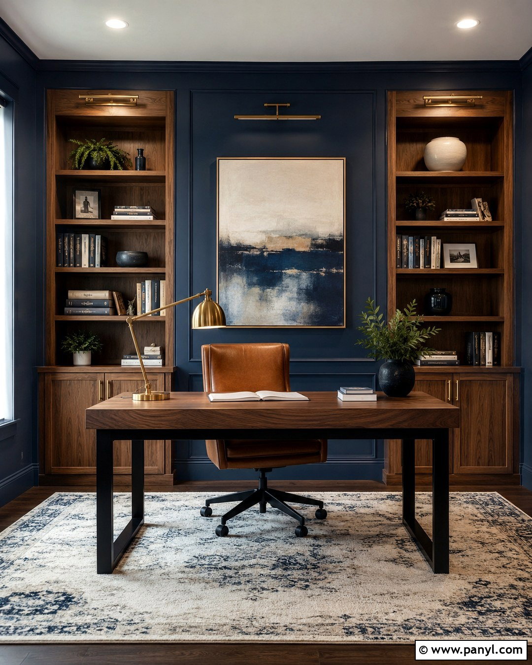 Indigo Home Office With Cognac Leather - 20 Indigo Wall Color Ideas
