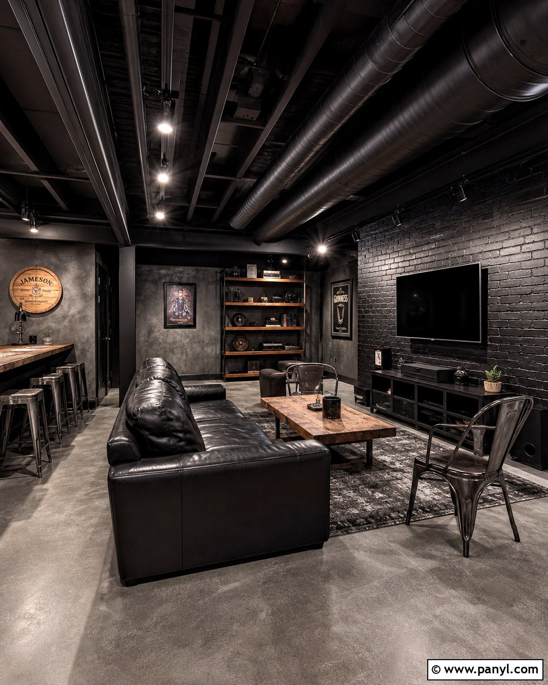 Industrial Black Basement - 20 all black basement ideas