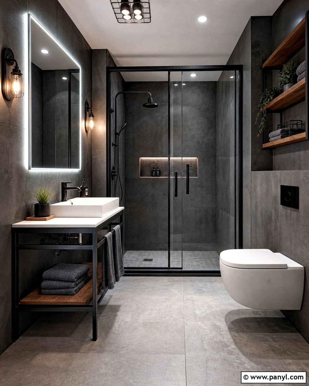 Industrial Black Concrete Bathroom - 20 small black bathroom ideas