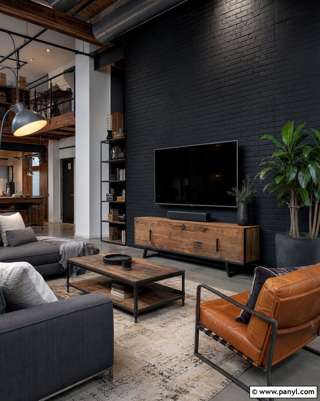 Industrial Black TV Wall - 35 Black Wall Behind Tv Ideas