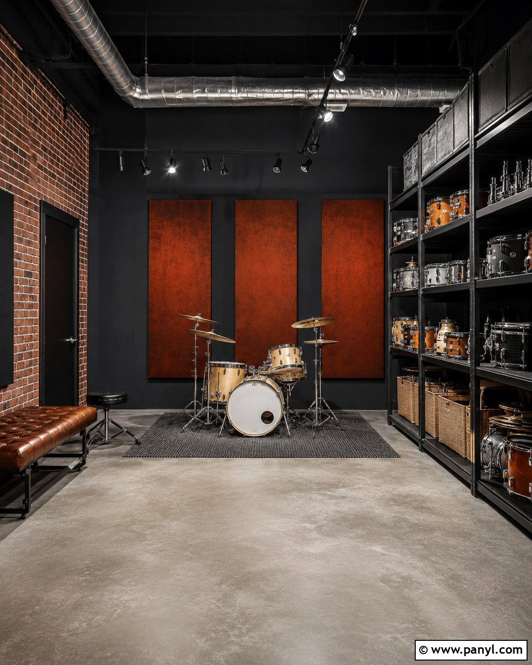 Industrial Black Wall Drum Room - 20 Black Wall Music Room Ideas