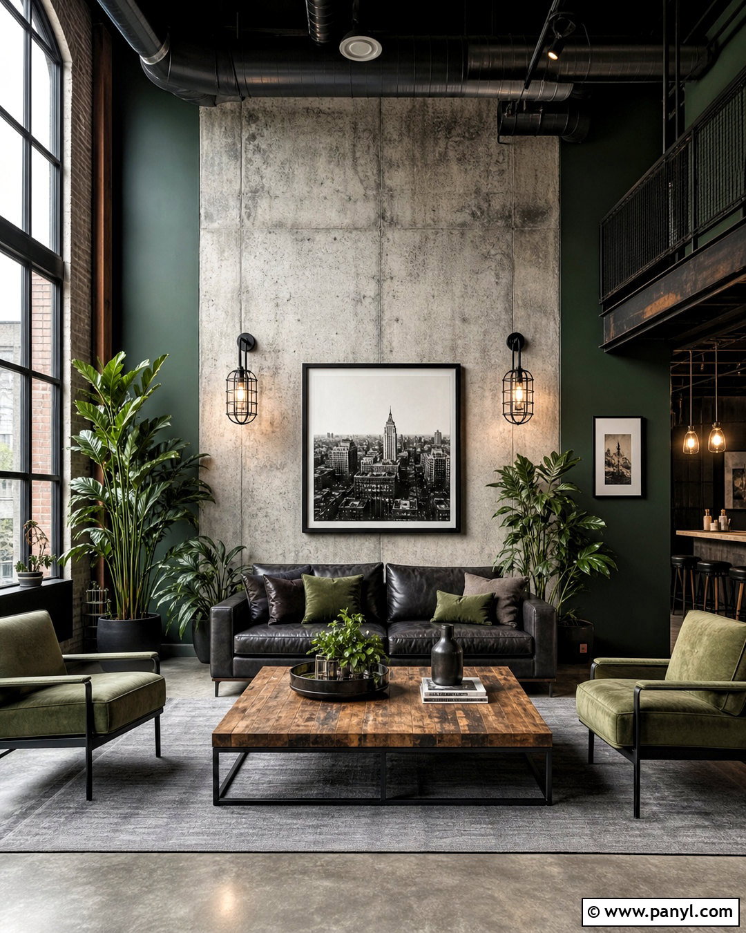 Industrial Dark Green and Grey Living Room - 20 dark green and grey living room ideas