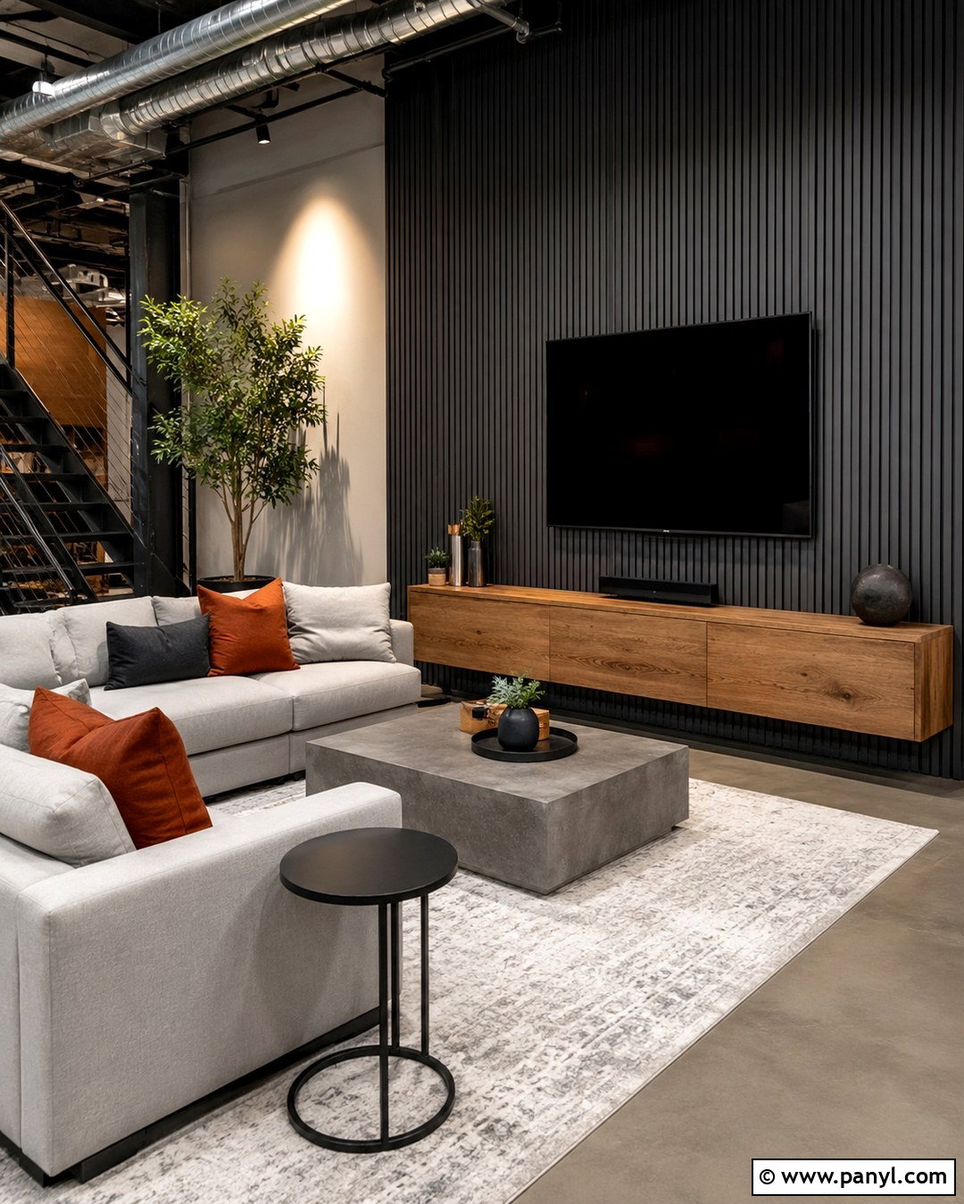 Industrial Grey Slat TV Wall - 20 Industrial Grey Wall Ideas