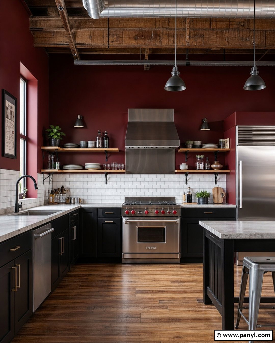 Industrial Kitchen With Burgundy Walls - 35 burgundy kitchen walls