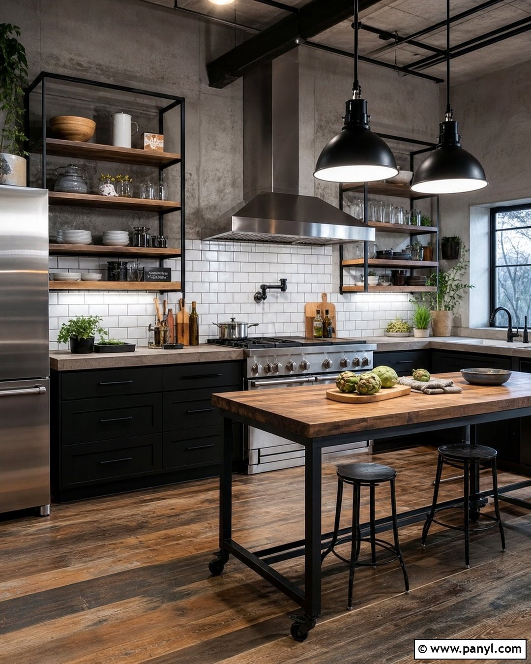 Industrial Kitchen With Grey Walls And Black Cabinets - 25 Grey Walls Black Cabinets