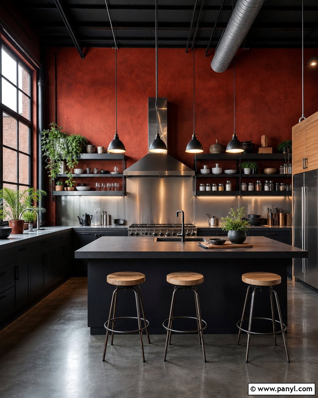 Industrial Kitchen With Red Walls - 35 red kitchen walls