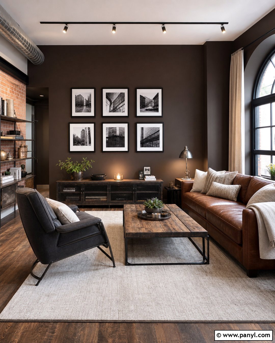 Industrial Living Room With Dark Brown Walls - 35 Dark Brown Walls Living Room Ideas