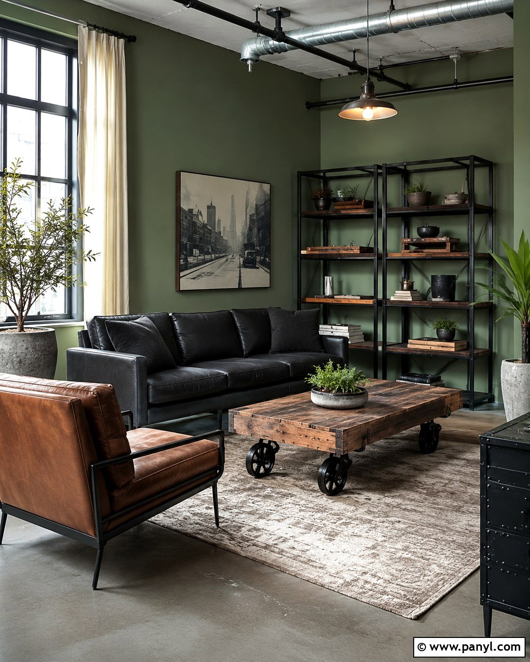 Industrial Living Room With Sage Green Walls And Black Furniture - 20 Sage Green Walls With Black Furniture Ideas