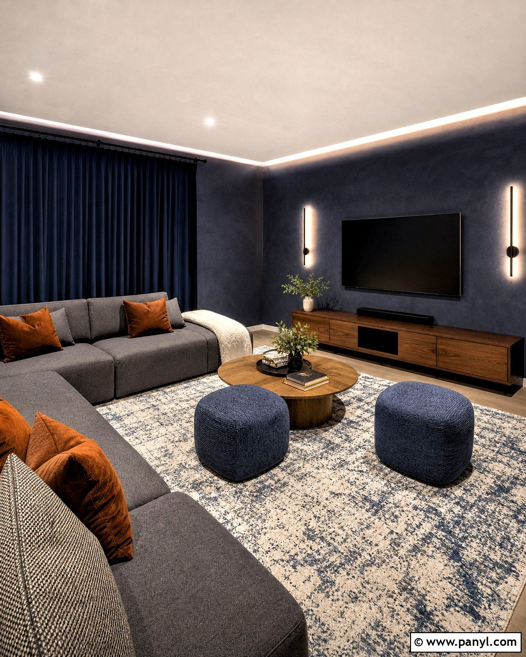 Ink Blue Limewash Walls In A Media Room - 20 dark limewash walls