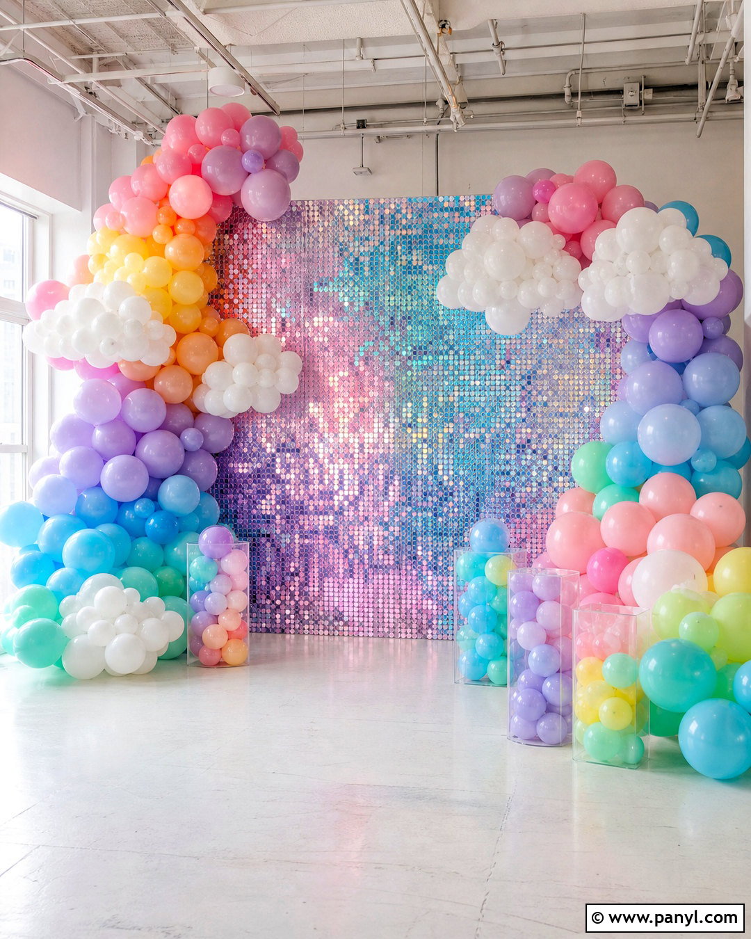 Iridescent Sequin Wall Backdrop With Rainbow Balloons - 20 sequin wall backdrop ideas