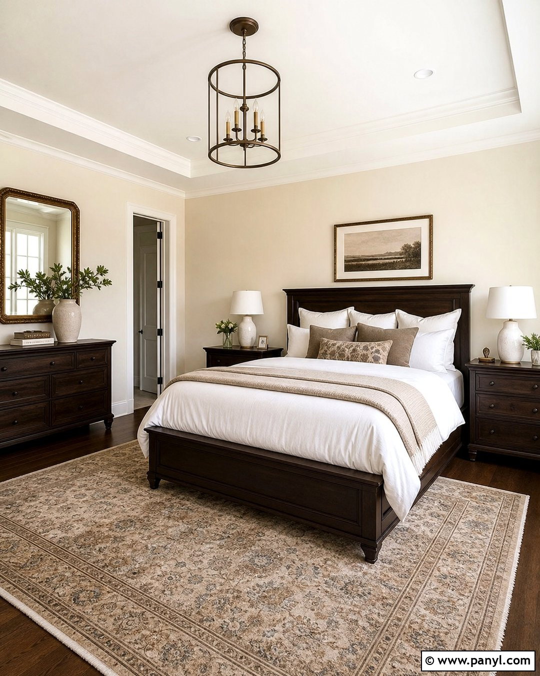 Ivory Bedroom With Dark Wood - 35 Ivory Wall Paint Ideas