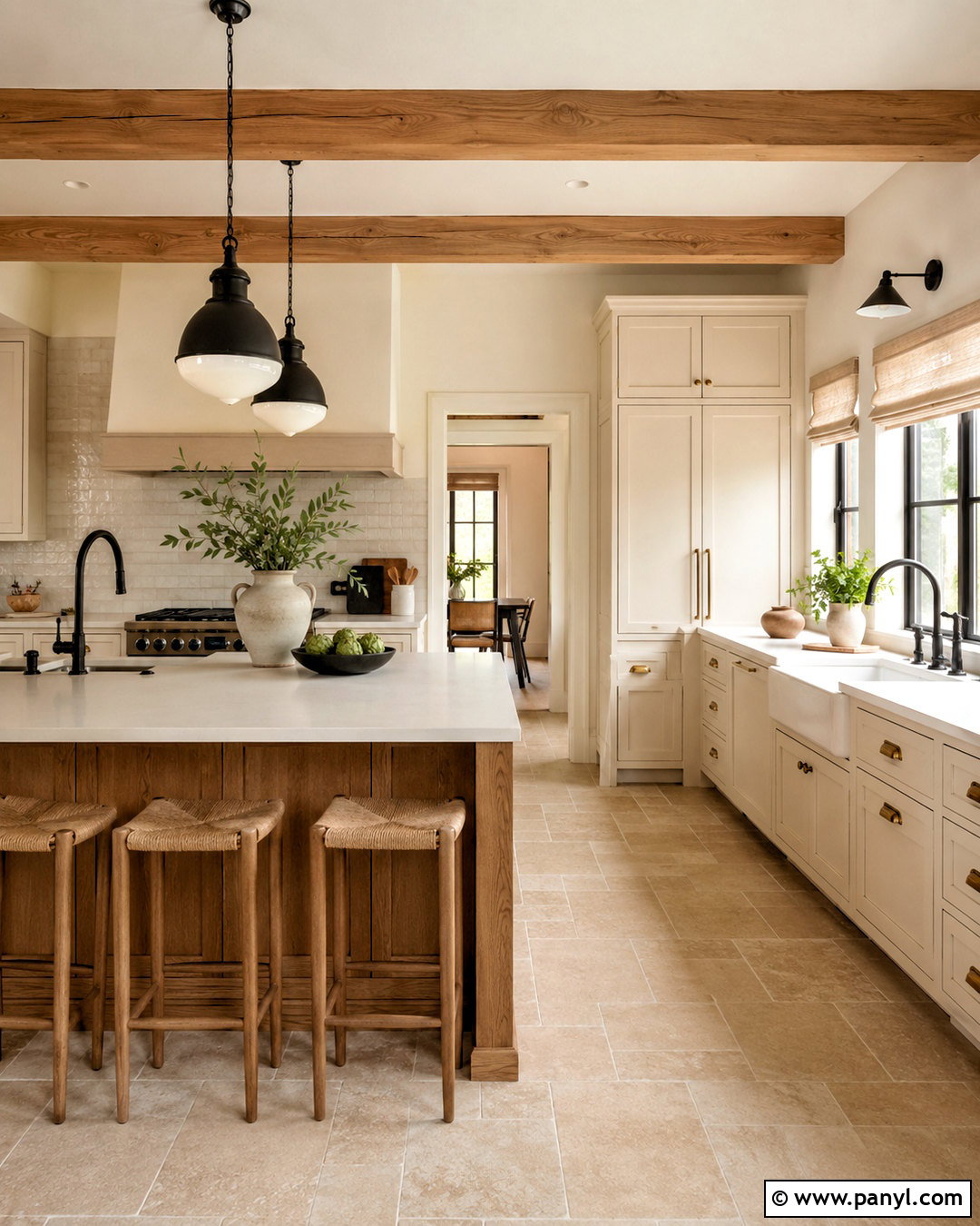 Ivory Farmhouse Kitchen With Wood Beams - 20 light color kitchen ideas