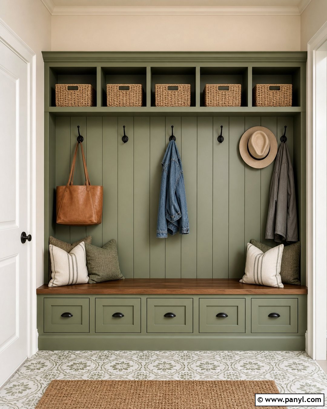 Ivory Mudroom With Green Storage - 35 Ivory Wall Paint Ideas