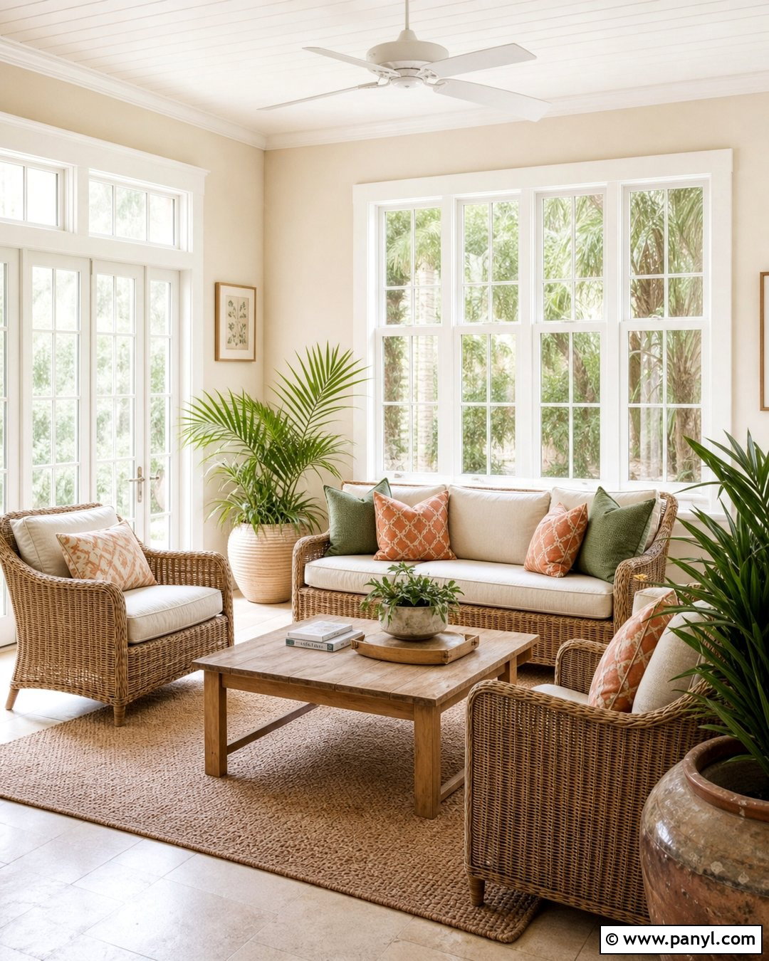 Ivory Sunroom With Woven Furniture - 35 Ivory Wall Paint Ideas