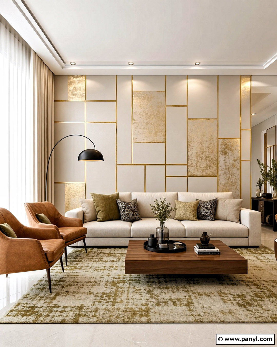 Ivory Wall With Geometric Gold Strips - 20 golden strips on wall ideas