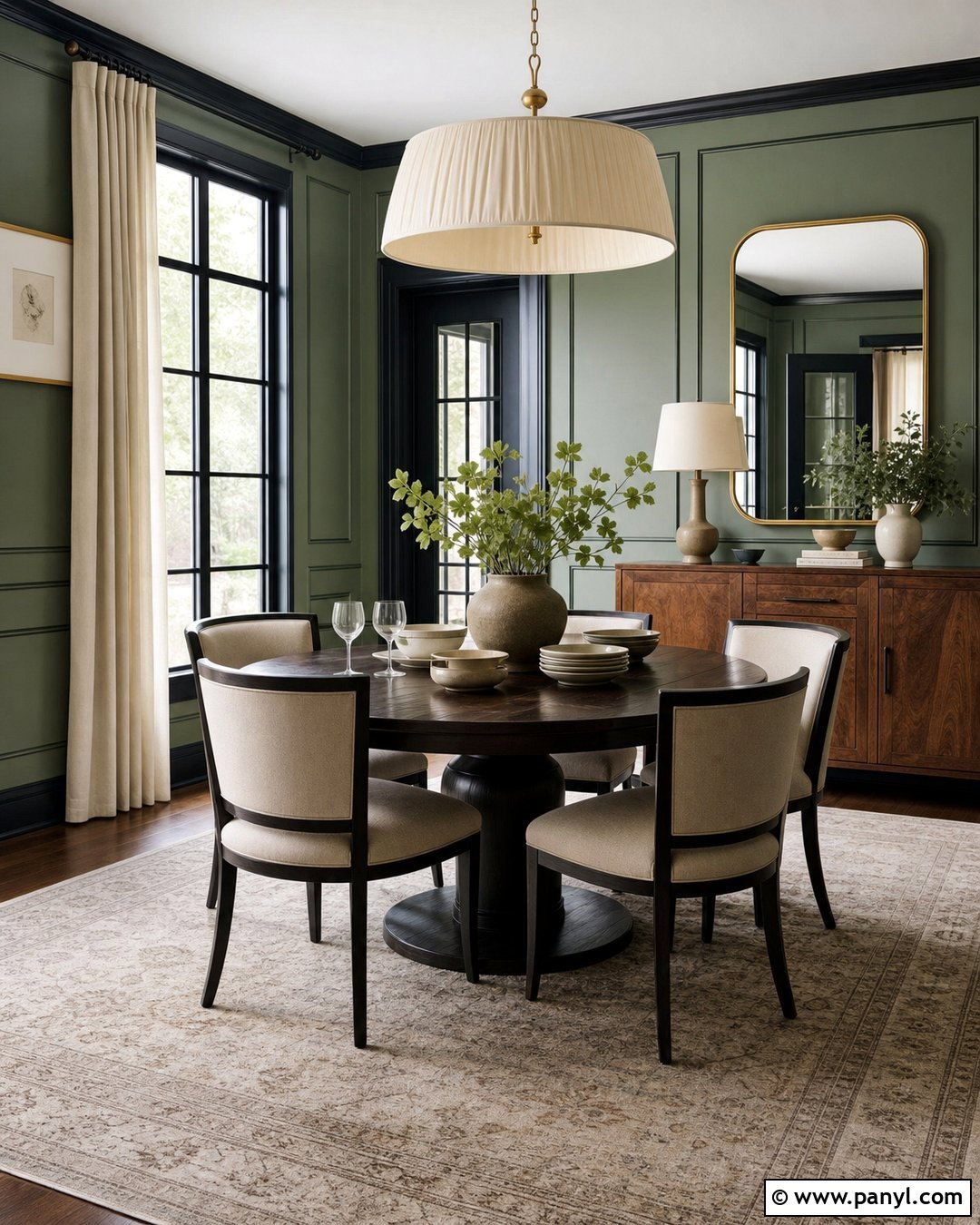 Jade Green Dining Room With Black Panel Trim - 25 Green Walls With Black Trim Ideas