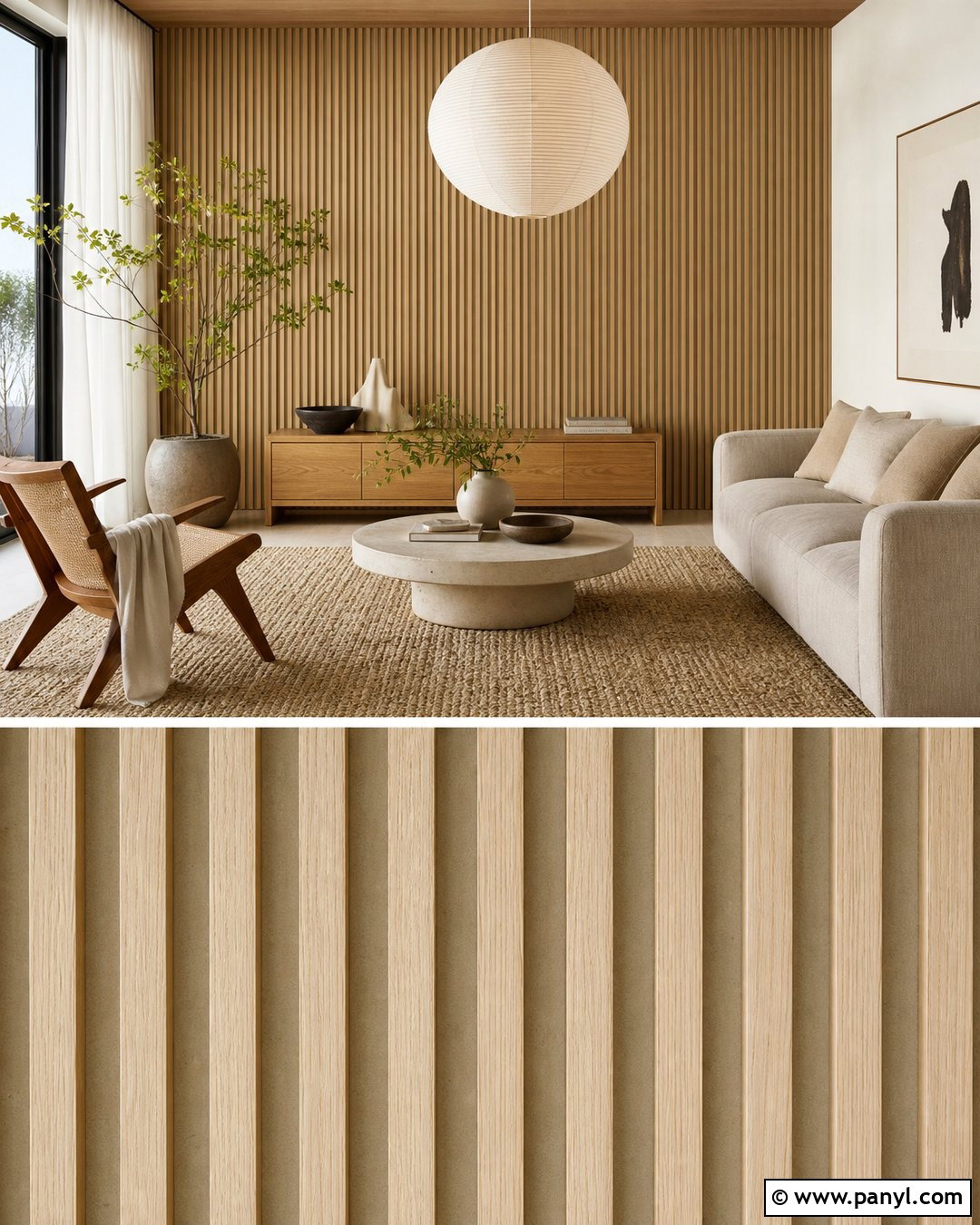 Japandi Neutral Slat Wall Living Room - 20 Neutral Color Slat Wall Ideas