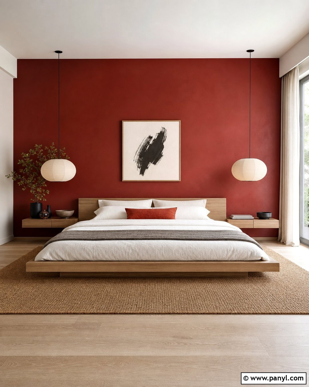 Japandi Red Feature Wall Bedroom - 35 red feature wall ideas