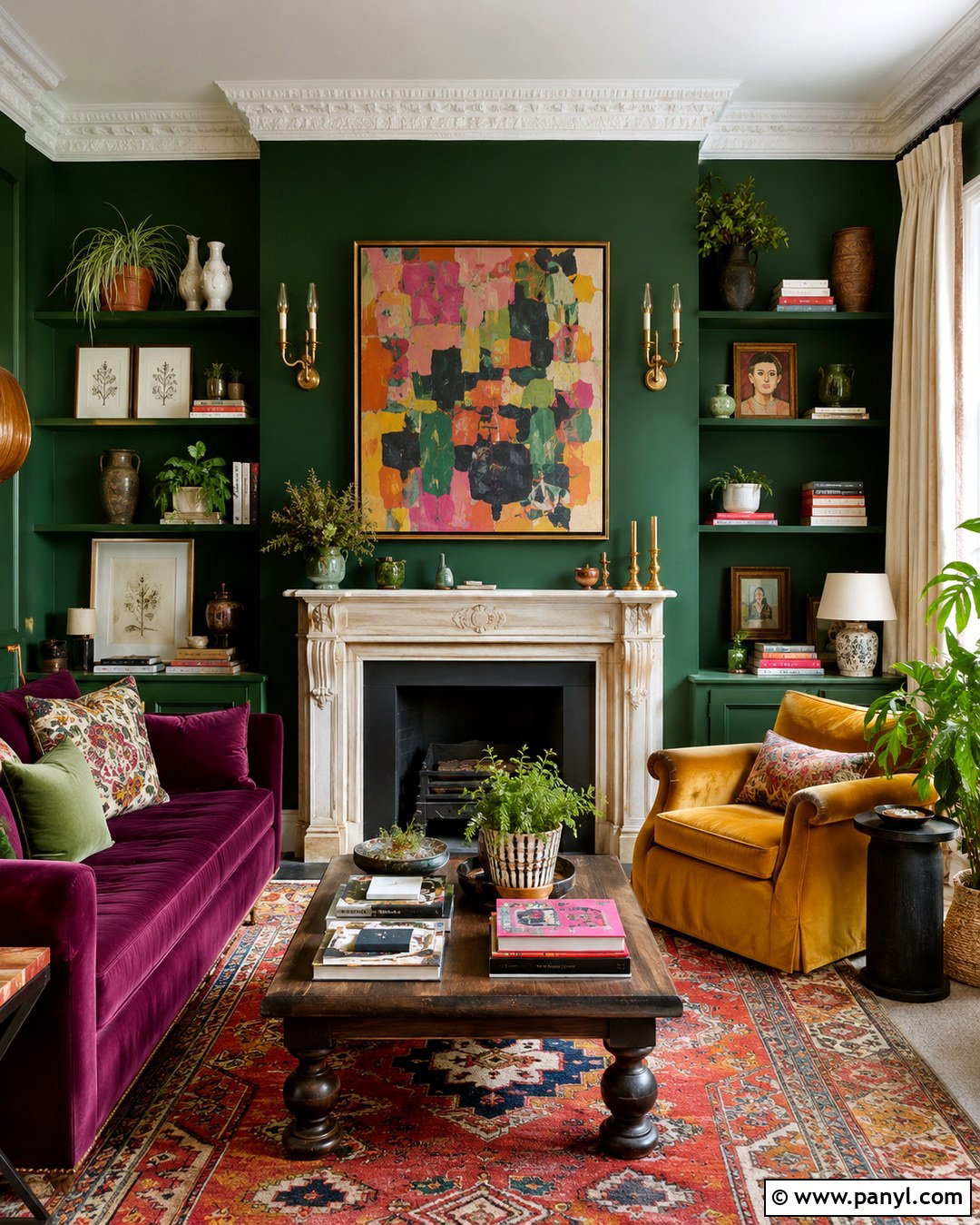 Jewel Green Fireplace Wall With Colorful Decor - 20 Green Wall Behind Fireplace Ideas