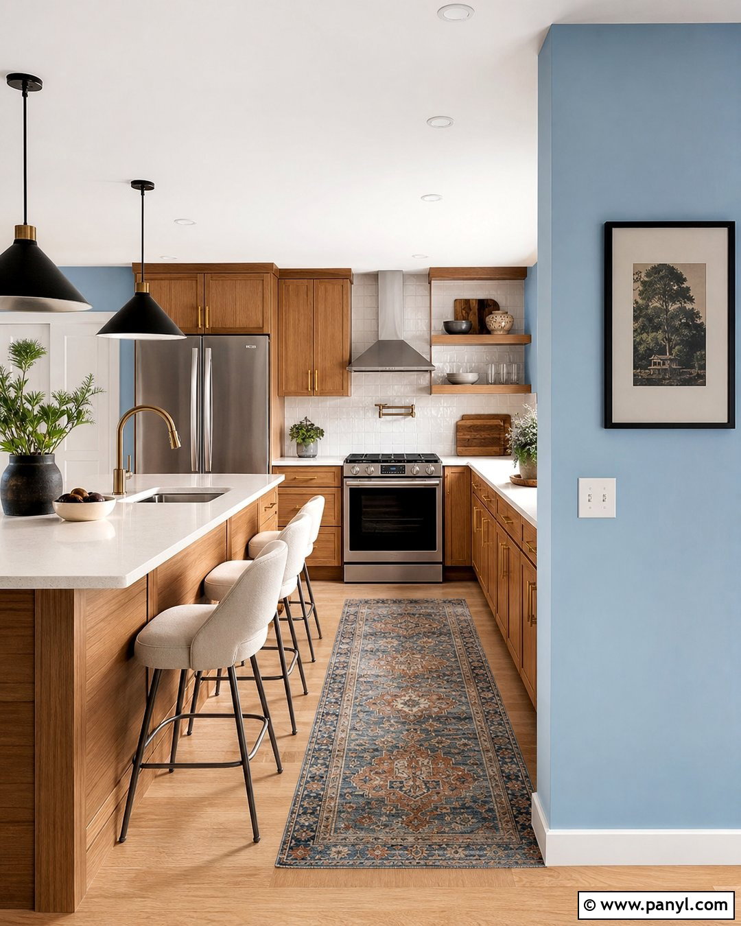 Kitchen With Light Blue Walls And Wood Cabinets - 50 light blue walls