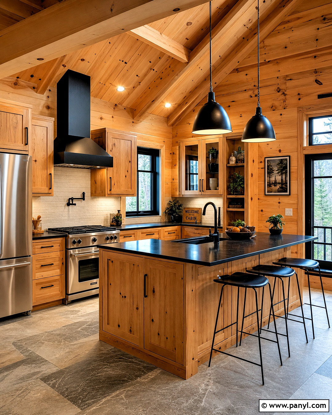 Knotty Pine Cabin Kitchen With Black Accents - 20 knotty pine cabin ideas