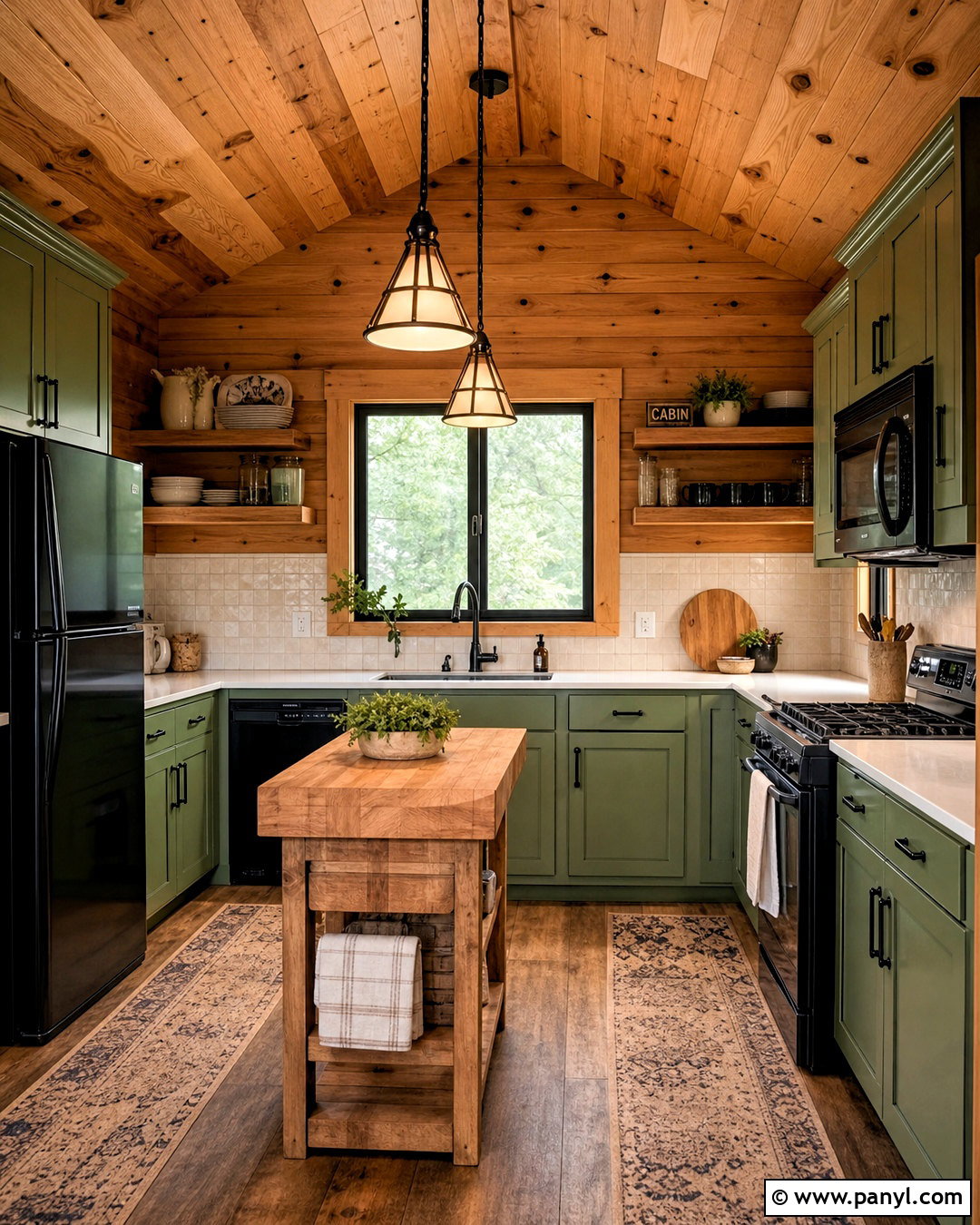 Knotty Pine Cabin Kitchen With Green Cabinets - 20 knotty pine cabin ideas