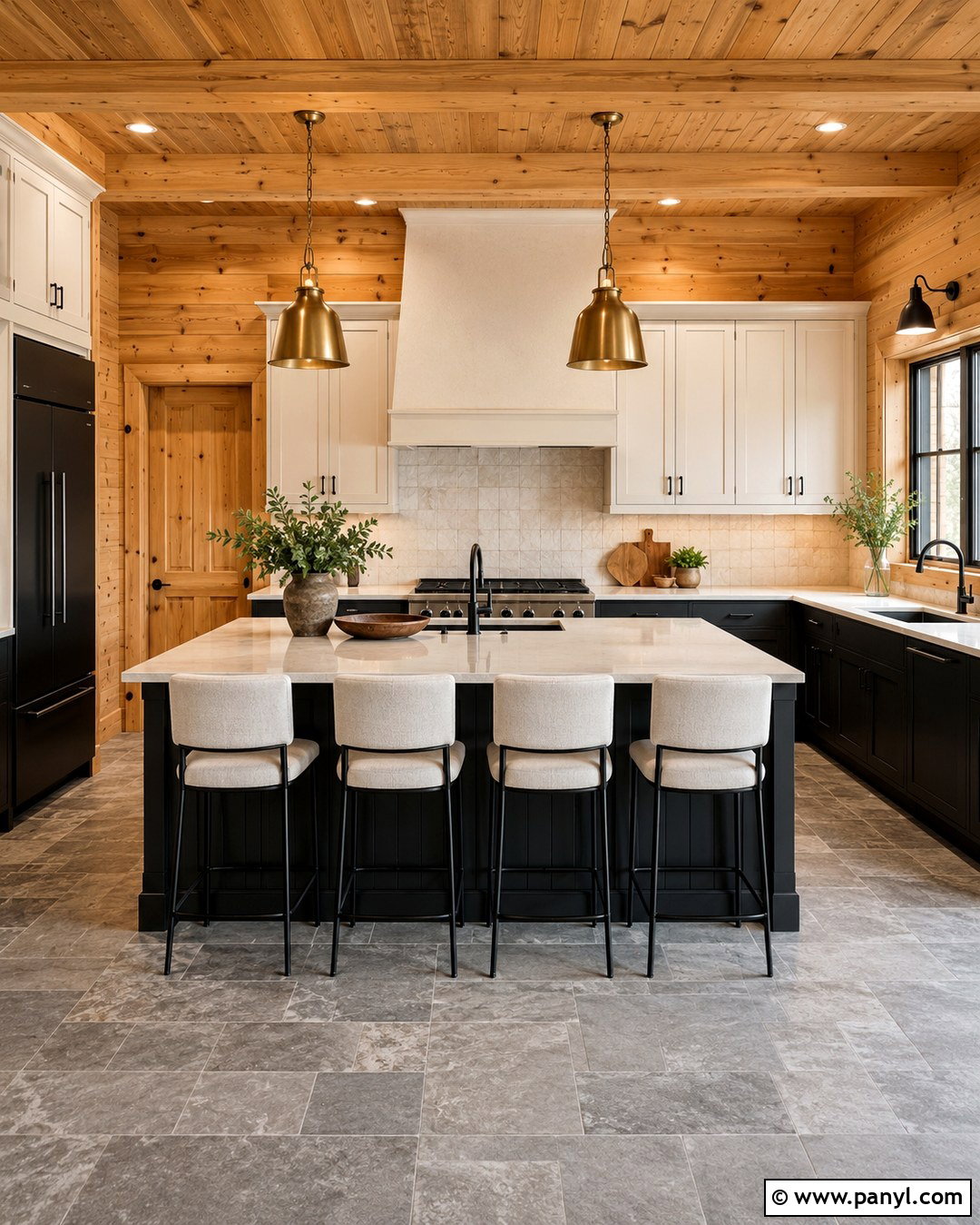 Knotty Pine Kitchen With Black And Cream Cabinets - 20 Knotty Pine Walls Color Schemes Kitchen Ideas