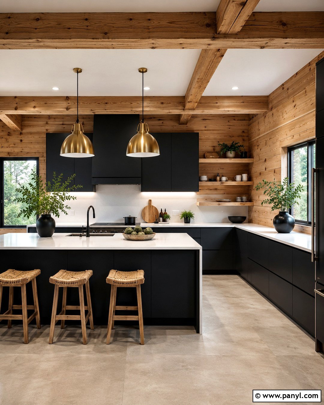 Knotty Pine Kitchen With Black Cabinets And White Counters - 20 Knotty Pine Walls Color Schemes Kitchen Ideas
