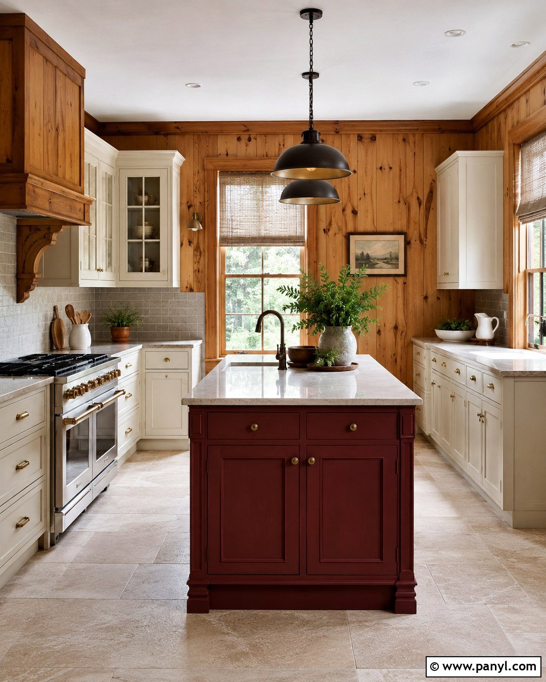 Knotty Pine Kitchen With Burgundy And Warm White - 20 Knotty Pine Walls Color Schemes Kitchen Ideas