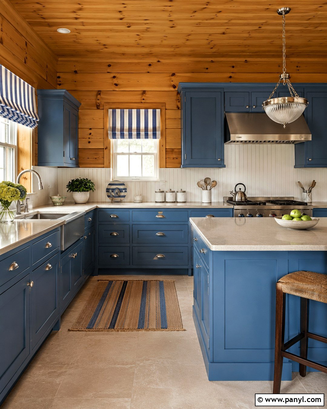 Knotty Pine Kitchen With Country Blue Cabinets - 20 Knotty Pine Walls Color Schemes Kitchen Ideas