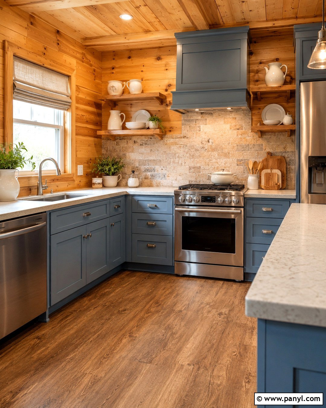 Knotty Pine Kitchen With Dusty Blue Cabinets - 20 Knotty Pine Walls Color Schemes Kitchen Ideas