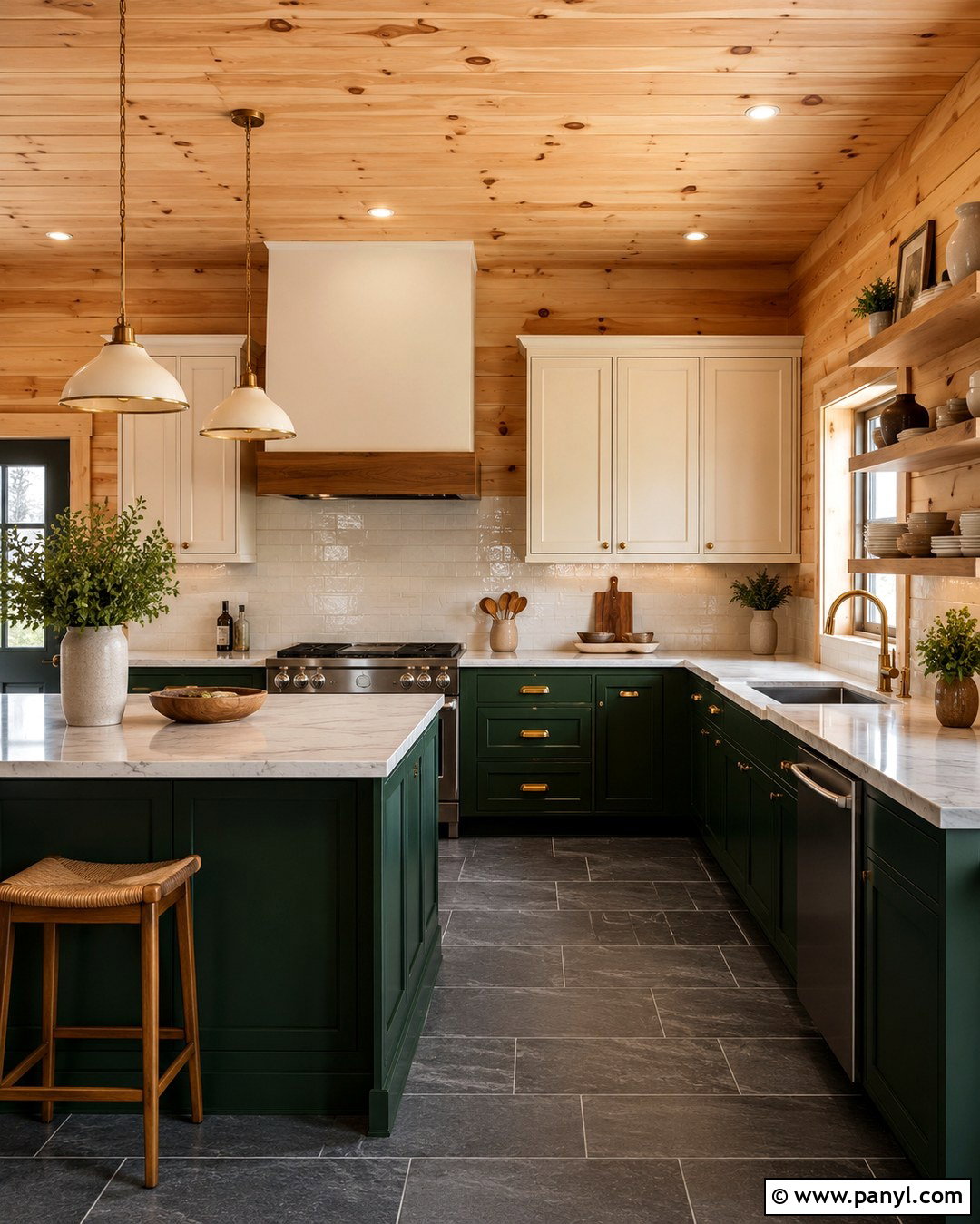Knotty Pine Kitchen With Forest Green Cabinets - 20 Knotty Pine Walls Color Schemes Kitchen Ideas