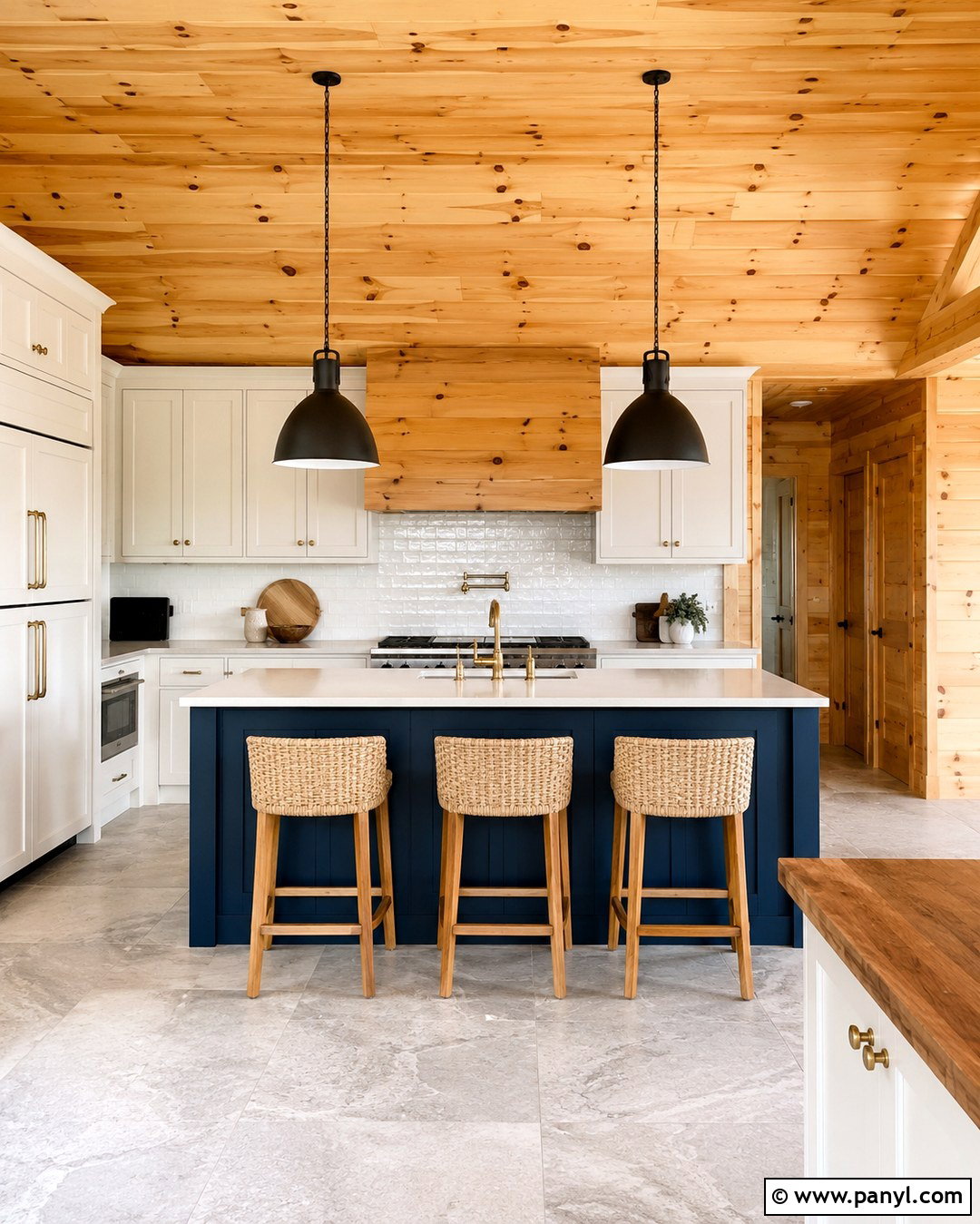 Knotty Pine Kitchen With Navy Blue Island - 20 Knotty Pine Walls Color Schemes Kitchen Ideas