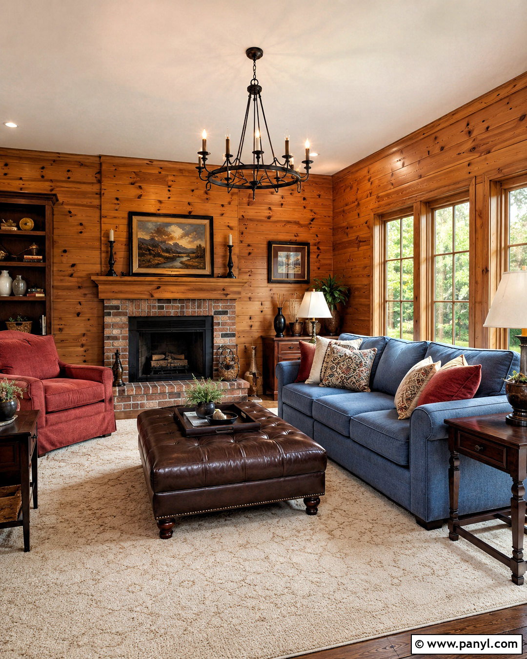 Knotty Pine Walls With Brick Red And Denim Blue - 40 Knotty Pine Walls Color Schemes