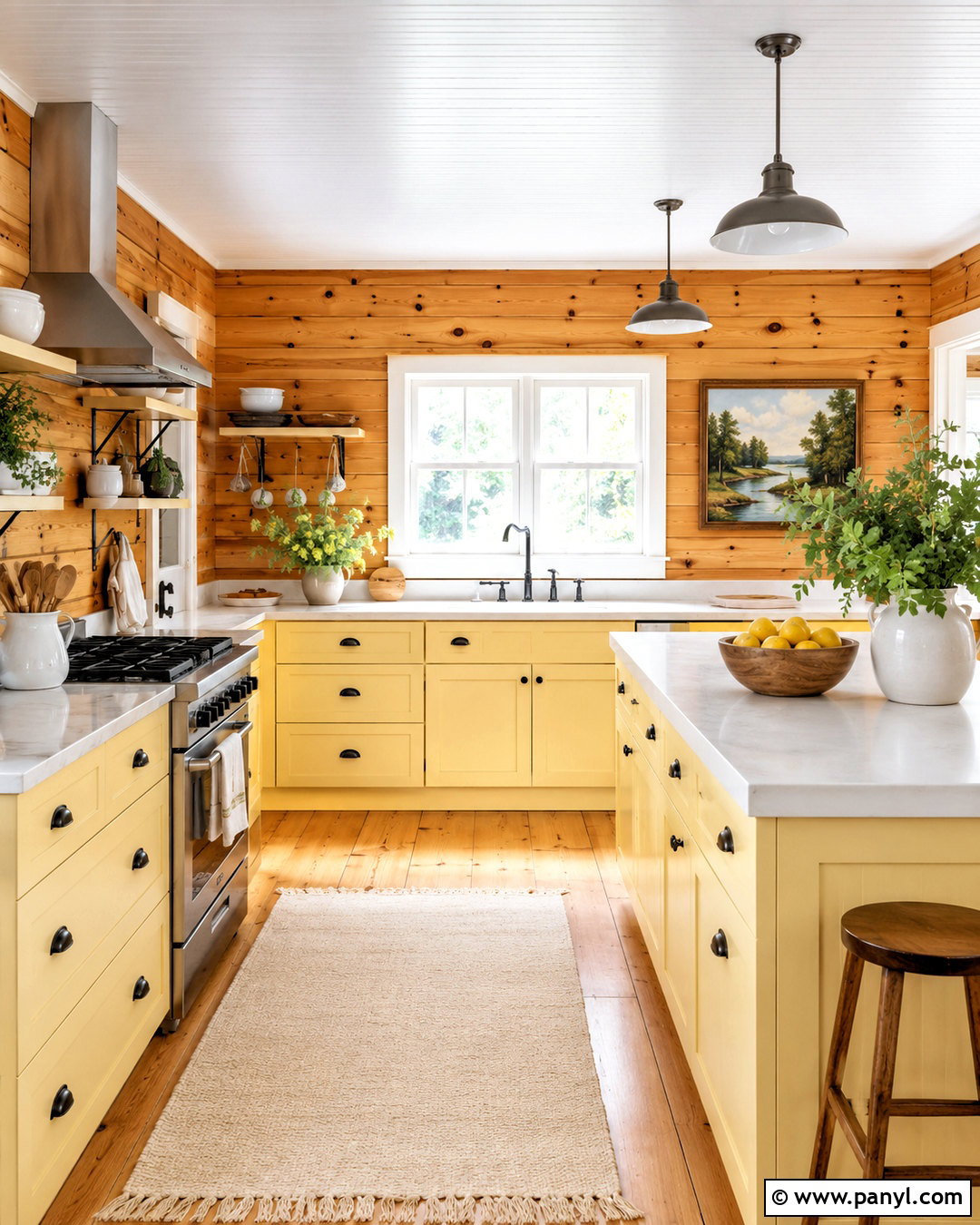 Knotty Pine Walls With Lemon Yellow And White - 40 Knotty Pine Walls Color Schemes
