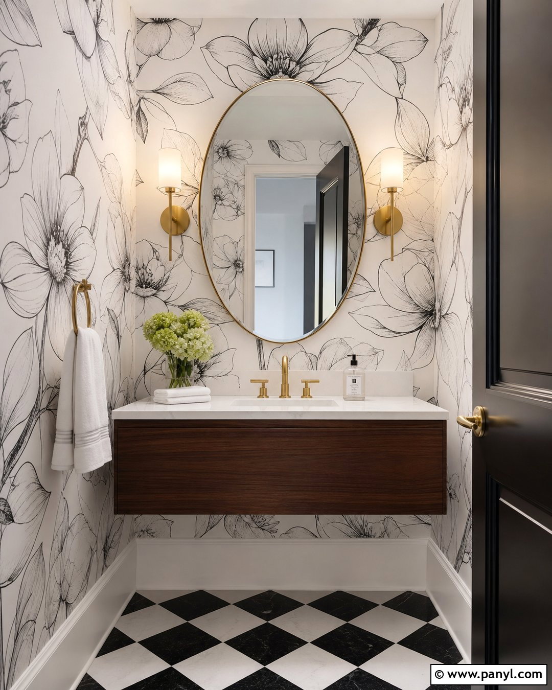 Large Scale Black And White Floral Wallpaper Powder Room - 20 Floating Whisper - Large Scale Wallpaper Ideas