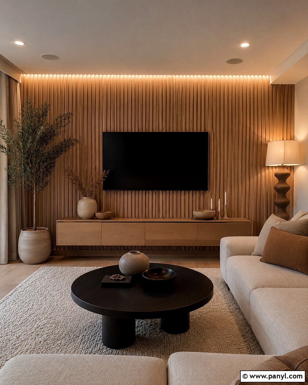 Latte Accent Wall With Oak Slats - 20 Late Color Wall Ideas