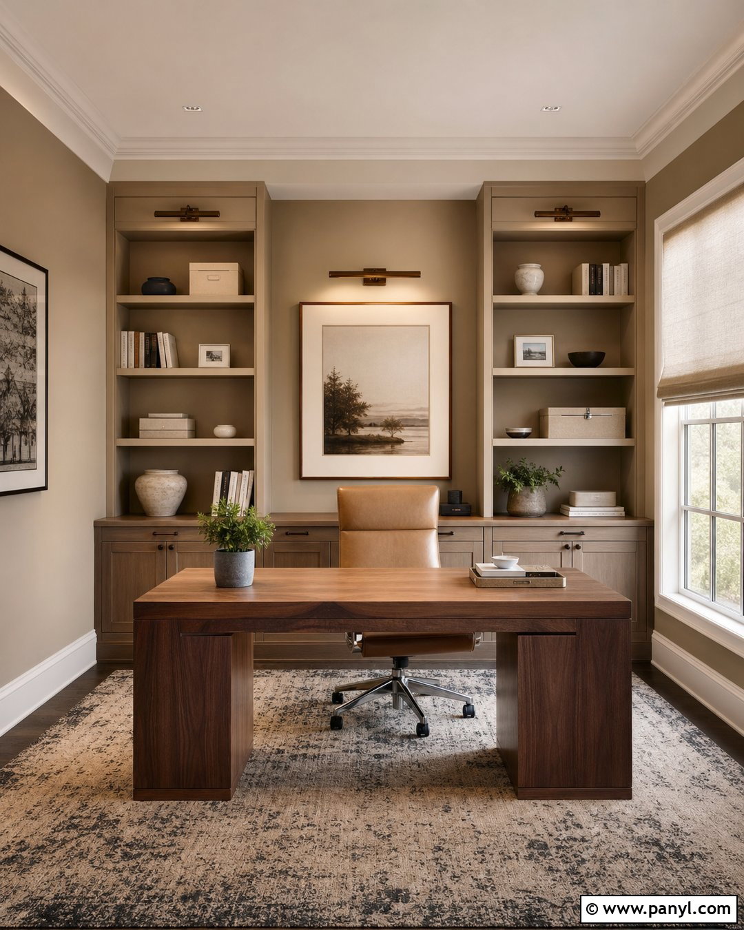 Latte Home Office With Built-In Shelves - 30 Latte Wall Color Ideas