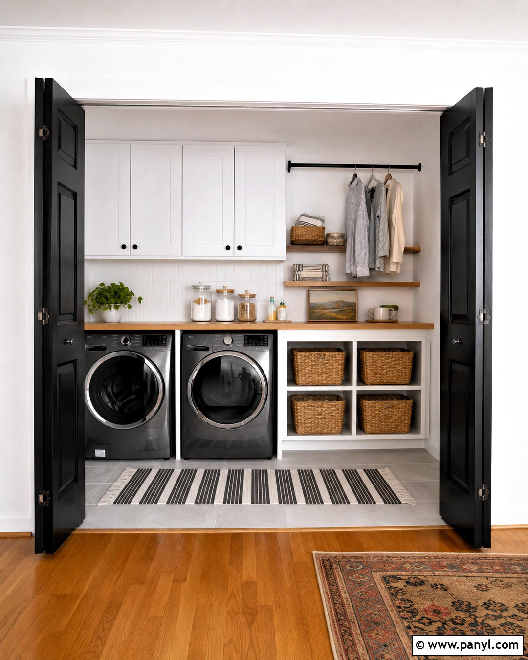 Laundry Room With Black Bi Fold Doors - 35 White Walls Black Doors