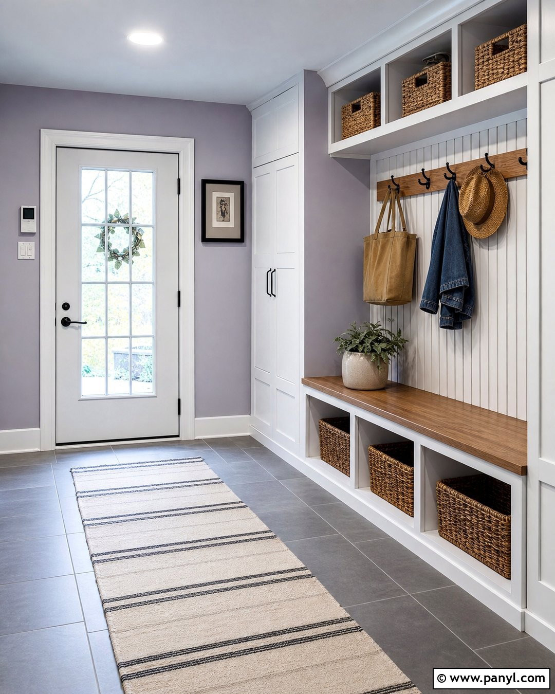 Lavender Grey Mudroom With Built-In Storage - 20 Lavender Grey Wall Paint Ideas