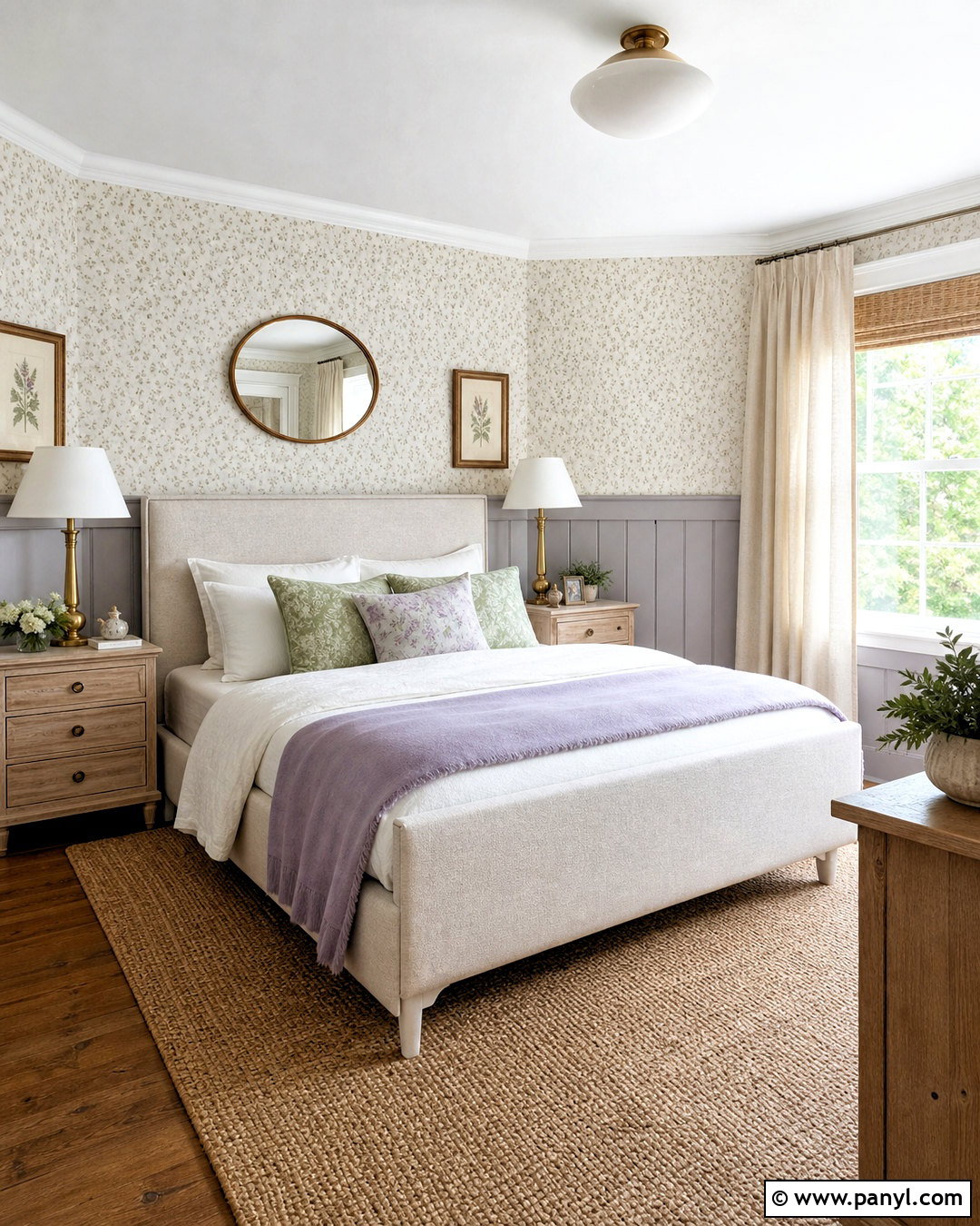 Lavender Paneling With Small Floral Wallpaper - 20 half wallpaper half paneling ideas