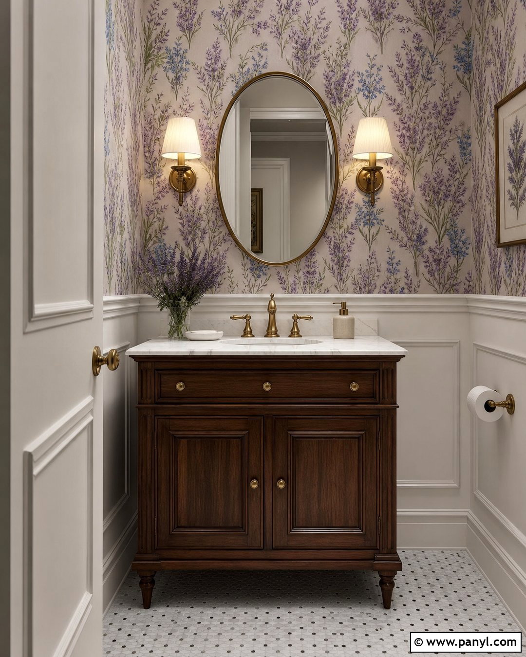 Lavender Powder Room With Floral Wallpaper - 35 lavender wall ideas