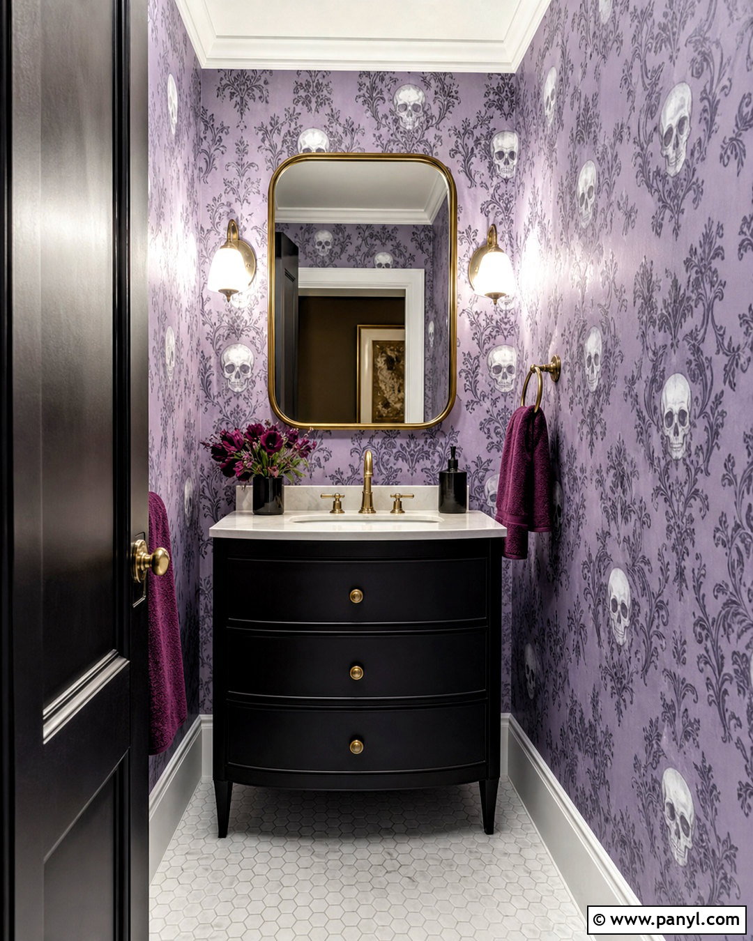 Lavender Skull Damask Powder Room - 20 skull damask-purple custom wallpaper ideas