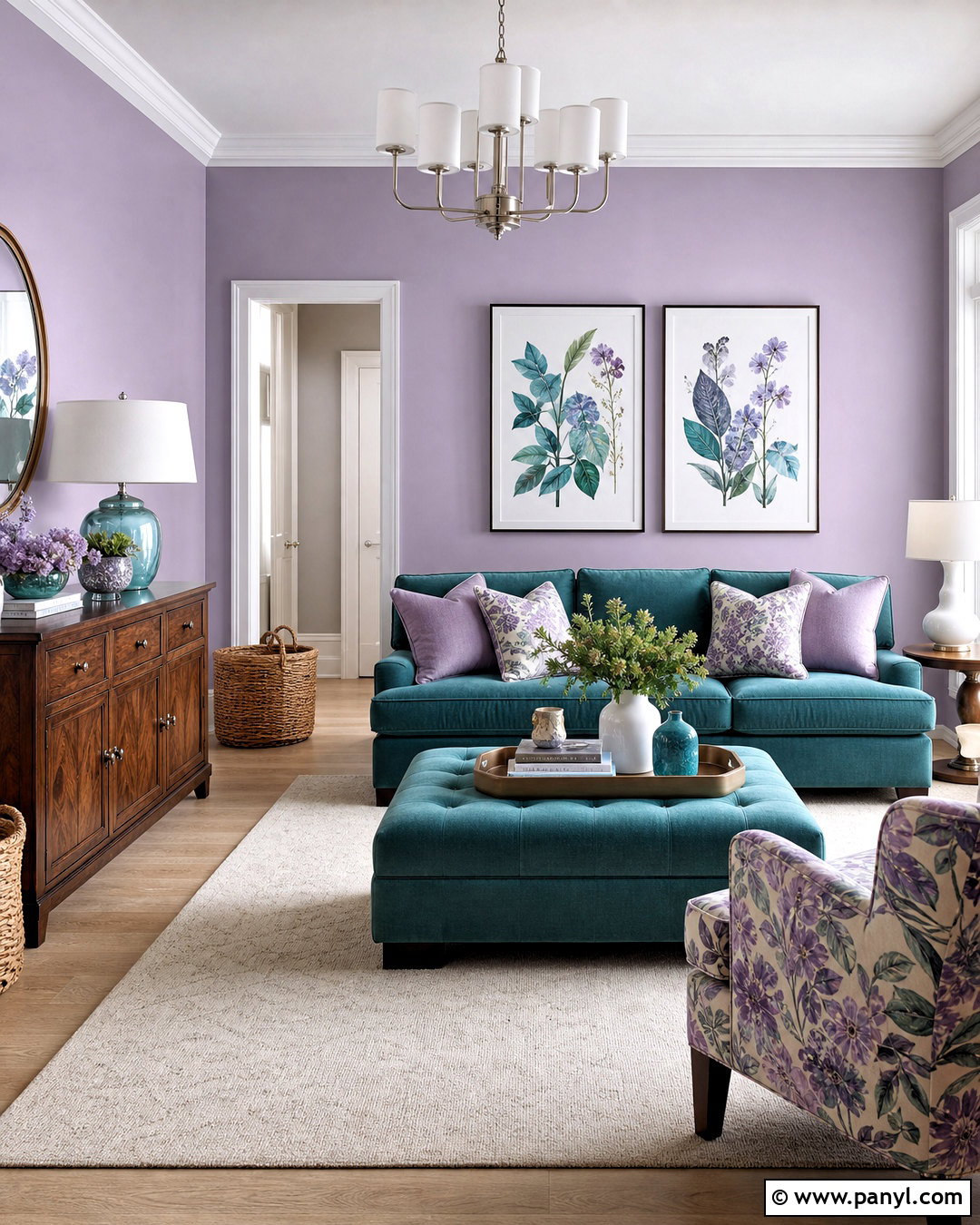 Lavender Walls And Teal Seating - 20 teal and purple living room ideas