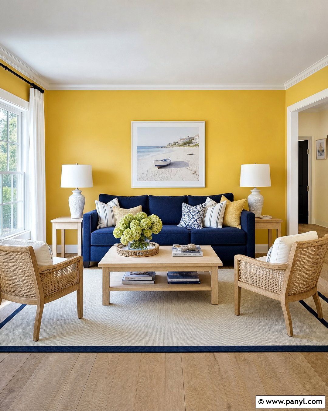 Lemon Yellow Accent Wall With Navy Sofa - 25 Yellow Accent Wall Living Room Ideas