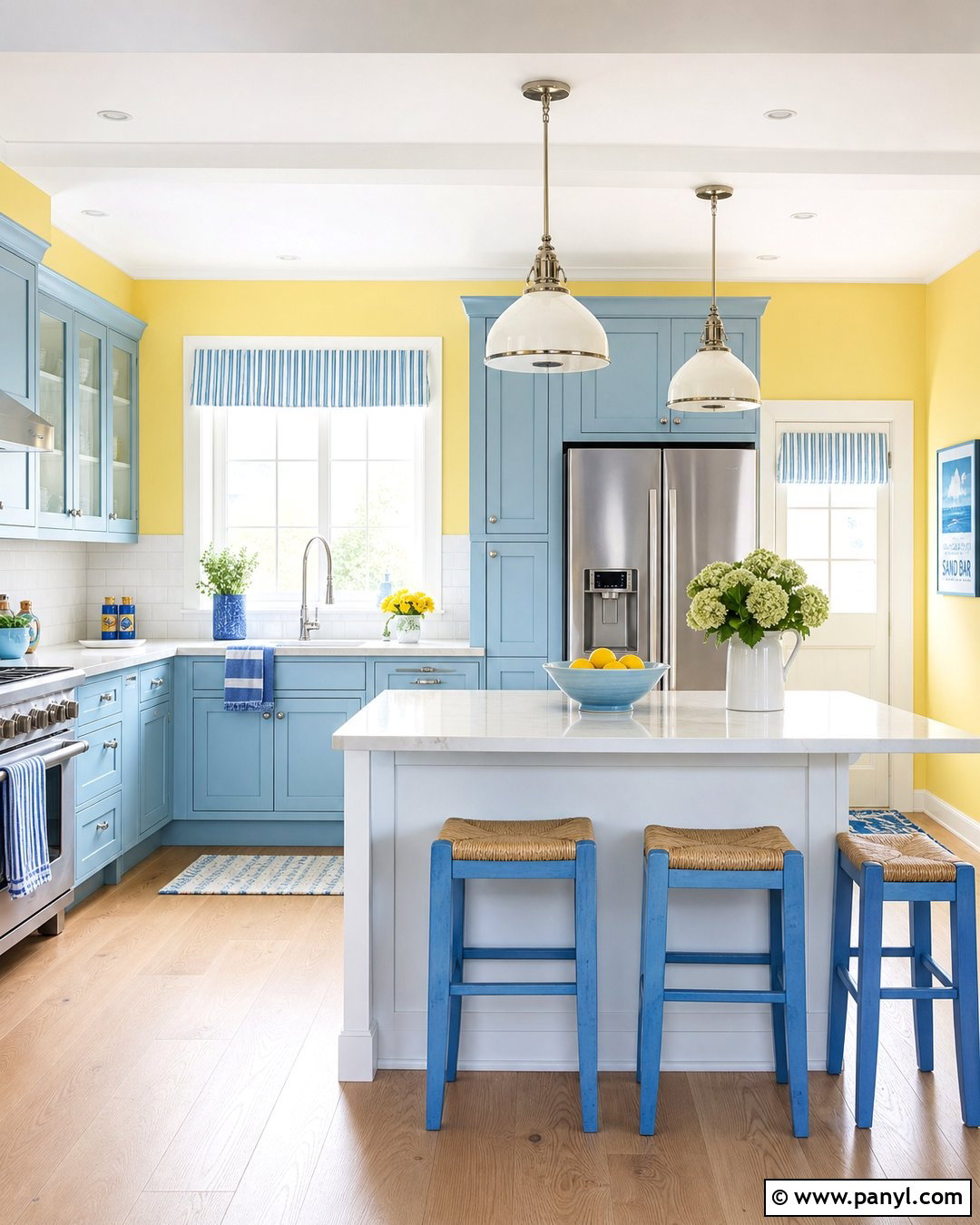 Lemon Yellow Walls With Light Blue Cabinets - 30 Yellow Walls Kitchen Ideas