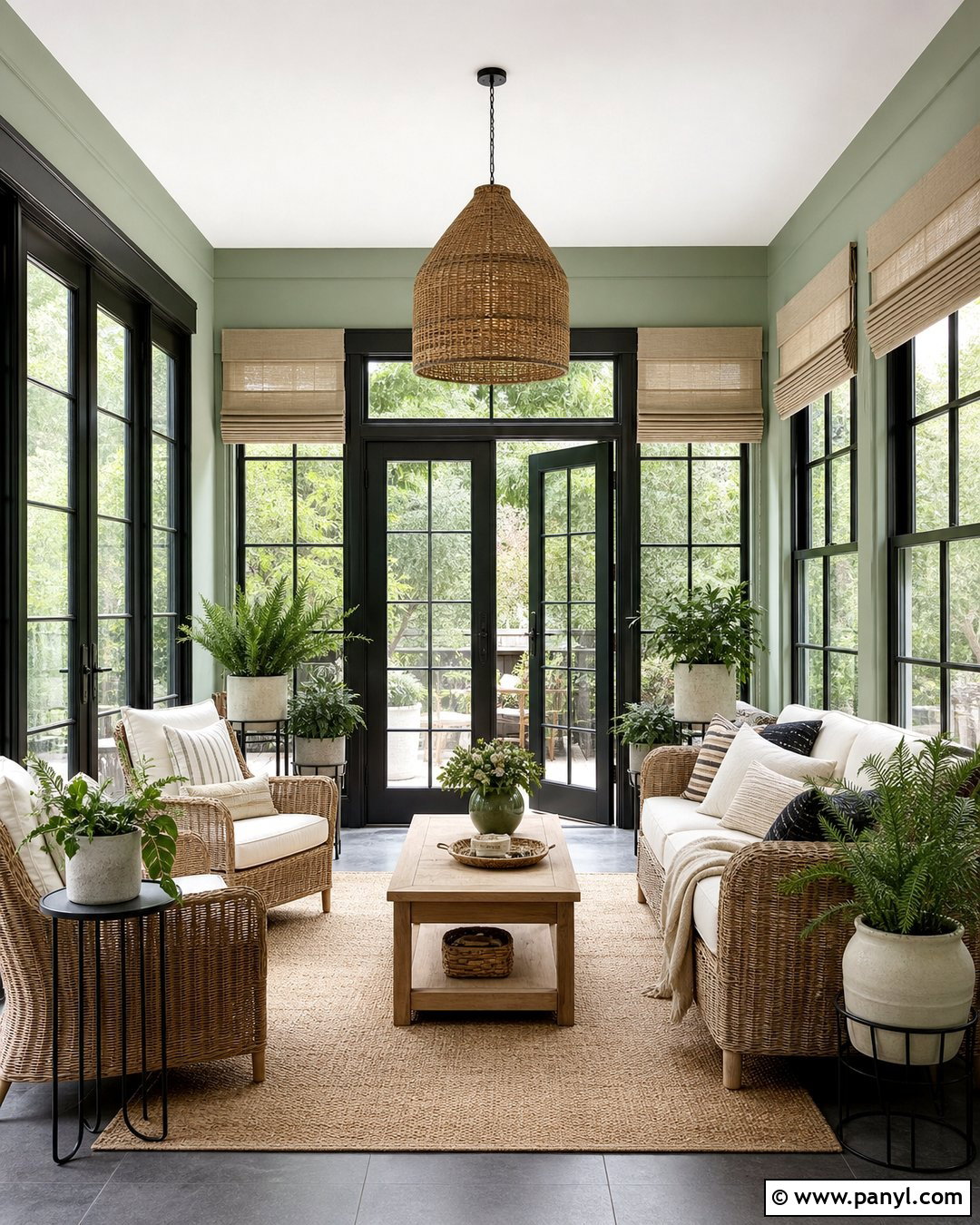 Lichen Green Sunroom With Black Trim - 25 Green Walls With Black Trim Ideas
